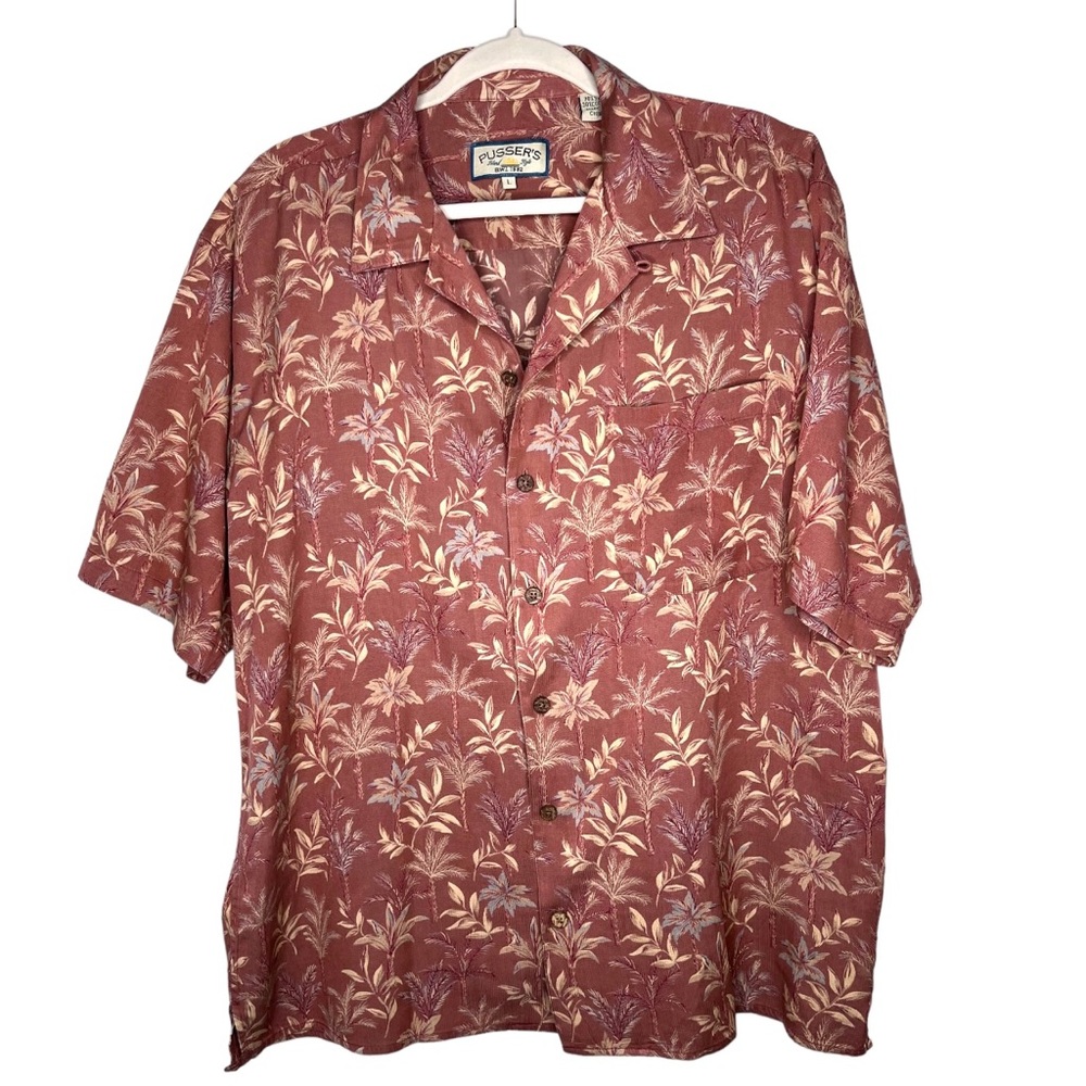 Pusser's Silk Blend Hawaiian Tropical Shirt  Mens Sz Large Coral Leaves EUC